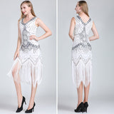 1920s Vintage Great Gatsby Double V-Neck Sleeveless Beaded Sequin Tassel Dress Art Deco Flapper Dress for Party
