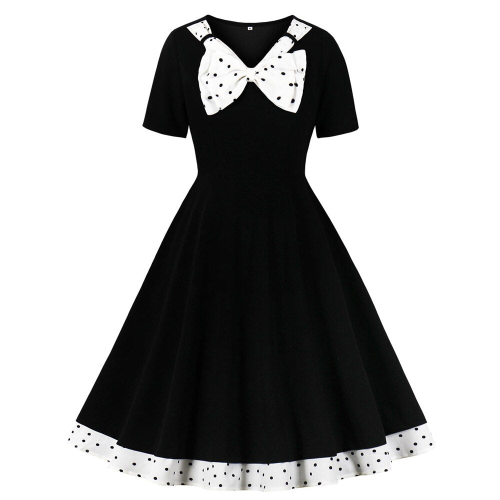 Vintage 50s 60s Retro Black Polka Dot Pin Up Short Sleeve Bow Knot Party Dresses