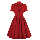 1950s Red Vintage Short Sleeve Bow Tie Neck Robe Pin Up Swing Retro Casual Dresses