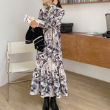 2021 Spring Women Chic O-Neck Full Sleeve Dress Elegant Female Straight Printed Midi Dress Vintage Ruffle Vestidos