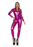 Plus Size Wetlook Faux Leather Long Sleeve Open Crotch Jumpsuit with Zipper Sexy Lingerie Latex Catsuit Erotic Fetish Wear