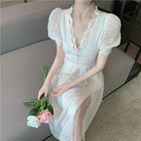 Women Summer Lace Vintage Dresses Chic Short Puff Sleeve Elegant V-Neck Slim Party Midi Spilted Dress