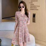 Summer Women V-Neck Short Sleeve Floral Print A-Line Dress Female Casual Chiffon Beach Mini Dress Vestidos De Verao