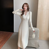 Ladies Elegant V-Neck Single-Breasted Women Thicken Sweater Dress 2021 Autumn Winter Female Knitted A-Line Vestdios