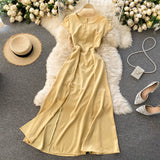 Chic Clothing Office Lady Vintage Elegant Dress Sexy Back Cut Out Satin Midi Dress With Slit