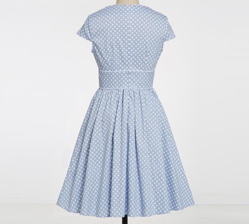 Polka Dot Ruched High Waist Button Vintage Cotton Pleated Cap Sleeve Summer Women Pockets Rockabilly Dress