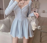 Blue Lolita Kawaii Knitted Dress Women Japanese Lace Patchwork Sweet Sweater Dress Female Sexy Korean Cute Party Mini Dress 2021