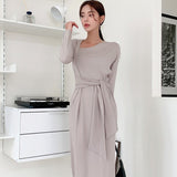 Women Slim Sweater Dress Long Sleeve Diagonal Collar Korean Elegant Knit Dresses Autumn Winter Vestidos