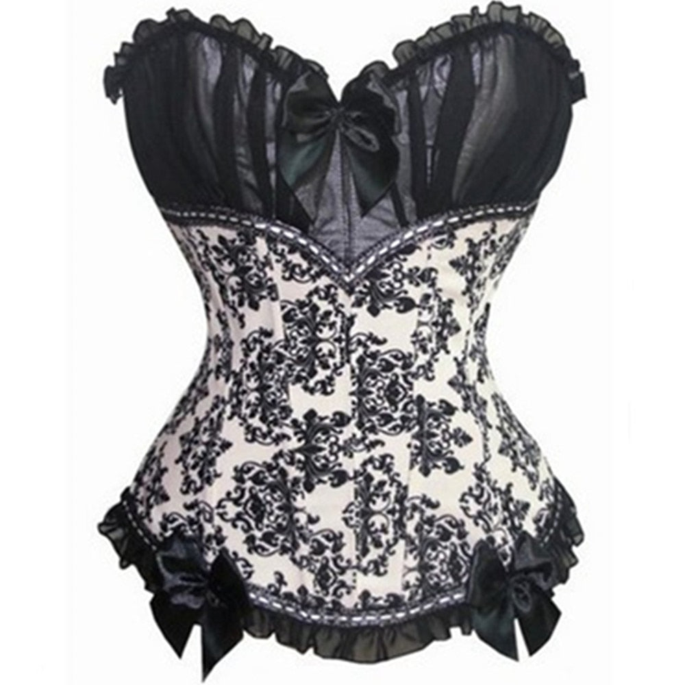Sexy Floral Print Satin Lace up Overbust Corset Bowknot Top Bustier Bodyshaper Lingerie Showgirl Cosplay Costume Plus Size S-6XL