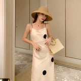 New Women Summer Satin Dot Print Dress Camisole Maxi Sundress Korean Fashion Dress