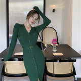 New Women V-neck Single-Breasted Knitted Dress Autumn Winter Female Sweater Dress Lady Vestidos