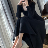 Autumn Winter Women Knitting Maxi Dresses Black Hepburn Long Sleeve Elegant Vestido Square Collar Casual Loose Dress