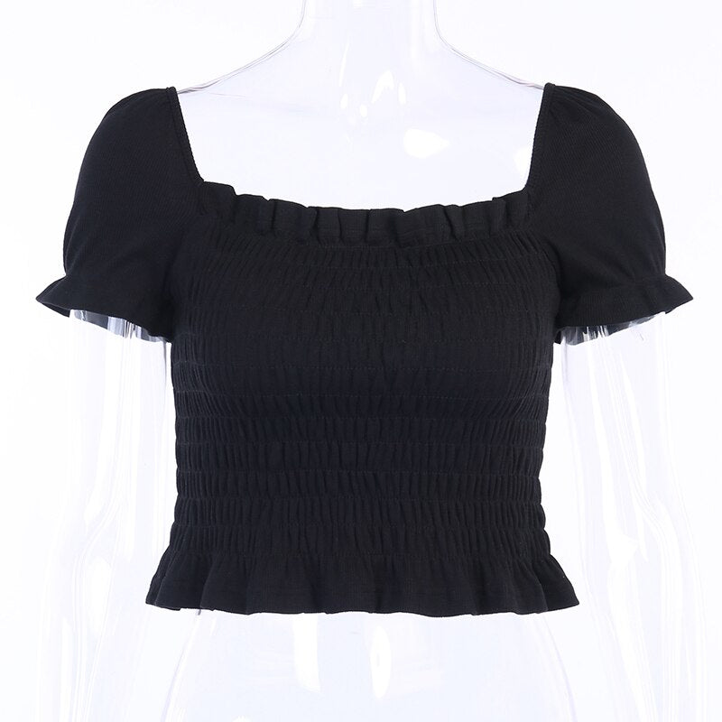 Ruffles Ruched Square Collar Stretchy Solid Summer Short Sleeve Casual Elegant Ribbed Crop Tops