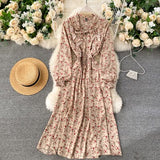 Women Casual Autumn Lady  Vintage Floral Printed Chiffon Shirt Dress Long Sleeve Bow Midi Spring Summer  Vestido