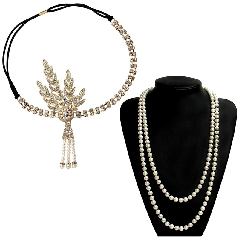 Great Gatsby Accessories Set for Women 1920s Flapper Pearl Necklace Headband Leaf Headpiece Party Costume Jewelry