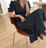 Women  Korean Style Fashion New Slim Fit Print Lantern Sleeve Polka Dot Dresses Casual Wear Clothes Vestidos