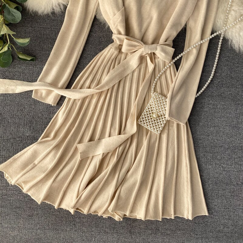 V Neck Long Sleeve Elegant Pleated Midi Dress Warm Knitted Sweater Dress Belted Woman Clothes