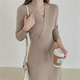 Cross V Neck Long Sleeve Knitted Dress Autumn Winter Solid Chic Elegant Sexy Midi Dress