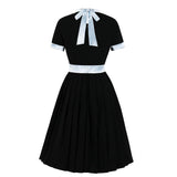 1950s Blue Black Women Patchwork Bowknot Collar Short Sleeve Robe Pin Up Elegant Vintage 50s 60s Retro Dresses