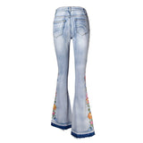 Floral Embroidered Side Elegant Skinny Flare Jeans Vintage Style Women Light Blue Frayed Hem Streetwear Jeans