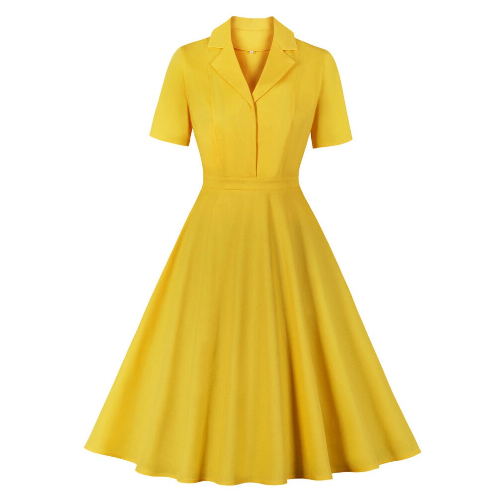 Yellow Summer Short Sleeve Turn Down Collar Cotton Robe Pin Up Swing Vintage 50s 60s Retro Dresses
