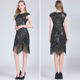 1920s Vintage Flapper Party Art Deco Great Gatsby Dress Shiny O-Neck Cap Sleeve Sequin Bead Fringe Embellished Dress