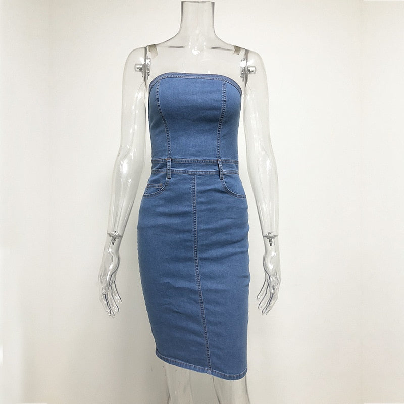 Strapless Summer Denim Backless Sexy Street Wear Classic Casual Ladies Outfit Blue Tube Dress