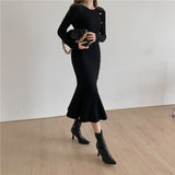 New Autumn Women Black Knitting Dress Casual O-Neck Elegance Full Sleeve Solid Ruffle Dresses Female Clothing