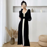 Autumn Winter Women Patchwork V-Neck Dress Long Sleeve A-Line Female Sweater Midi Dress Ladies Knitting Vestidos