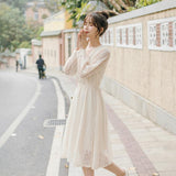 Lace Elegant Dress Women Long Sleeve Casual Fairy Dress Sweet V-Neck Belt Female Korean Style Clothing Autumn Office Lady