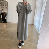 Winter Loose Casual Women Hooded Long Sleeve Midi Dress Side Slit Warm Knitted Sweatshirt Hoodie Dress