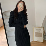 Spring Women Elegant Midi Slim Solid Black Pleated Dress Office Lady Fashion Bodycon Long Sleeve Dress