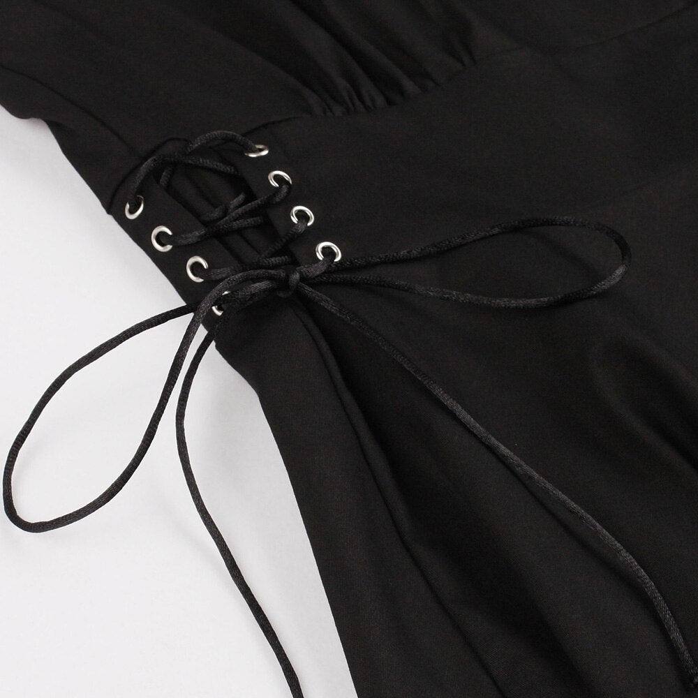 Black Goth Cotton Drawstring Embroidery Swing Robe Pin Up Gothic Lolita Retro Vintage Dress
