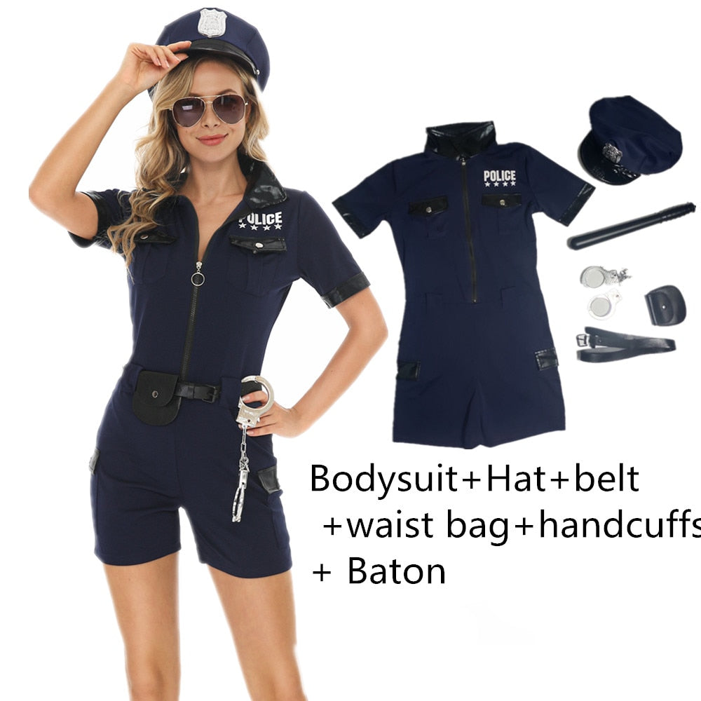 S-XXXL Black Blue Sexy Cop Officer Outfit Policewoman Costume Suit Uniform For Adult Women Halloween Cosplay Police Fancy Dress