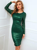 Sexy Green Sequin Evening Dress Party Bodycon Dress Women Long Sleeve Dress