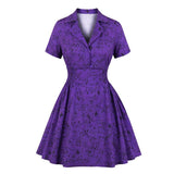 Notched Collar Shirred High Waist Cat Print Purple Mini Short Sleeve Summer Vintage Dress