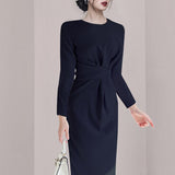 Women Office Ladies O-Neck Full Sleeve Dress Female 2021 Spring Slim Waist Sheath Knee-Length Dress