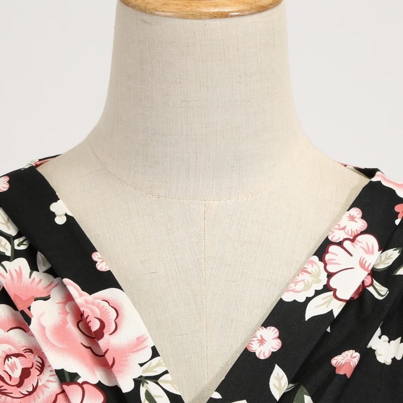 Retro Ruched V Neck Wrap Vintage Floral High Waist Summer Half Sleeve Elegant Party Pinup Midi Dress