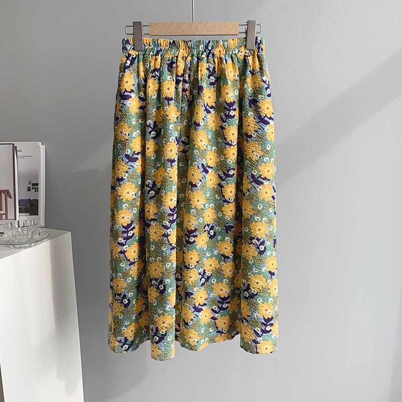Summer Women High Waist Sweet Floral Print A-Line Elegant Skirt Oil Painting Outwear