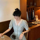 Summer Vintage Dress Women V-Neck Designer Lace Sexy Elegant Floral Dress Female Casual Chic Slim Short Sleeve Fairy Dress 2021