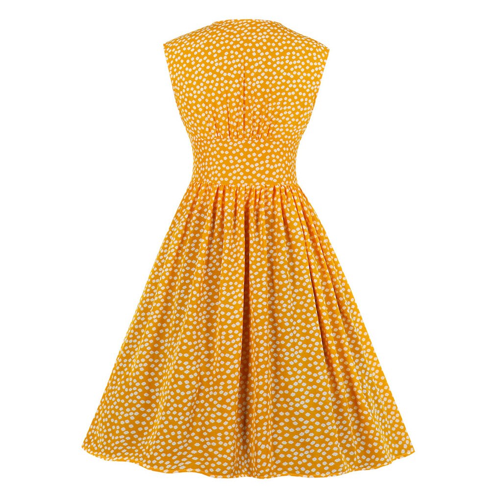 Summer V Neck Sleeveless High Waist Robe Pin Up Swing Yellow Print Casual Dress Sundresses