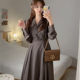 Spring Women Notched Collar Dress Puff Sleeve High Waist Female Midi Dress Elegant A-Line Vestidos