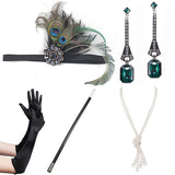 5pcs/set 1920s Flapper Feather Headband Knot Pearl Necklace Gloves Earring Cigarette Holder Women Gatsby Costume Set