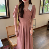 Summer Women French Elegant Turn Down Collar Puff Sleeve Dress Casual Patchwork Vestidos