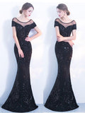 Sequined Evening Dress Banquet Long Elegant Party Dress Cap Sleeve O-neck Robee De Soriee Mermaid Gown Black Formal Dress