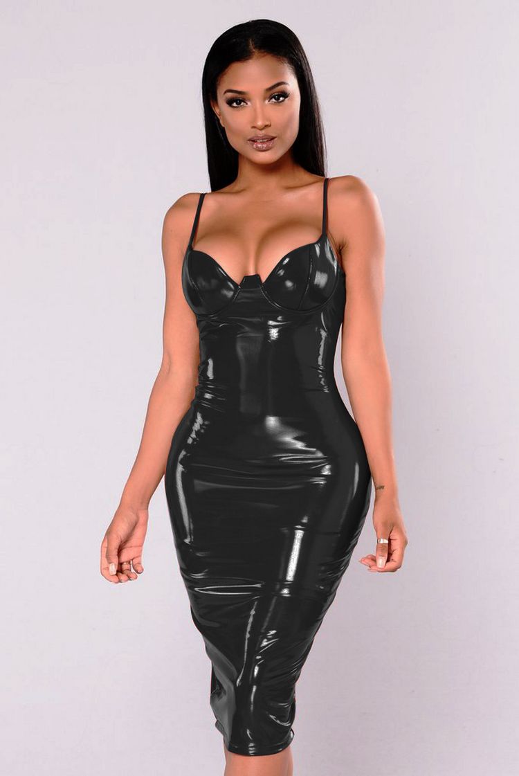 Sexy Women Red Black Tight Dress Party Leather Sexy Midi Dresses  Sleeveless Solid Faux Leather Bodycon Pencil Dress