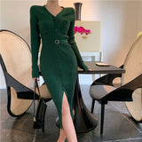 New Women V-neck Single-Breasted Knitted Dress Autumn Winter Female Sweater Dress Lady Vestidos