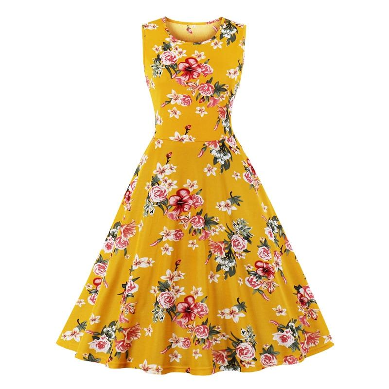 Multicolor Floral Print Vintage Women Elegant Summer Midi Casual O-Neck Sleeveless Rockabilly Swing Dress