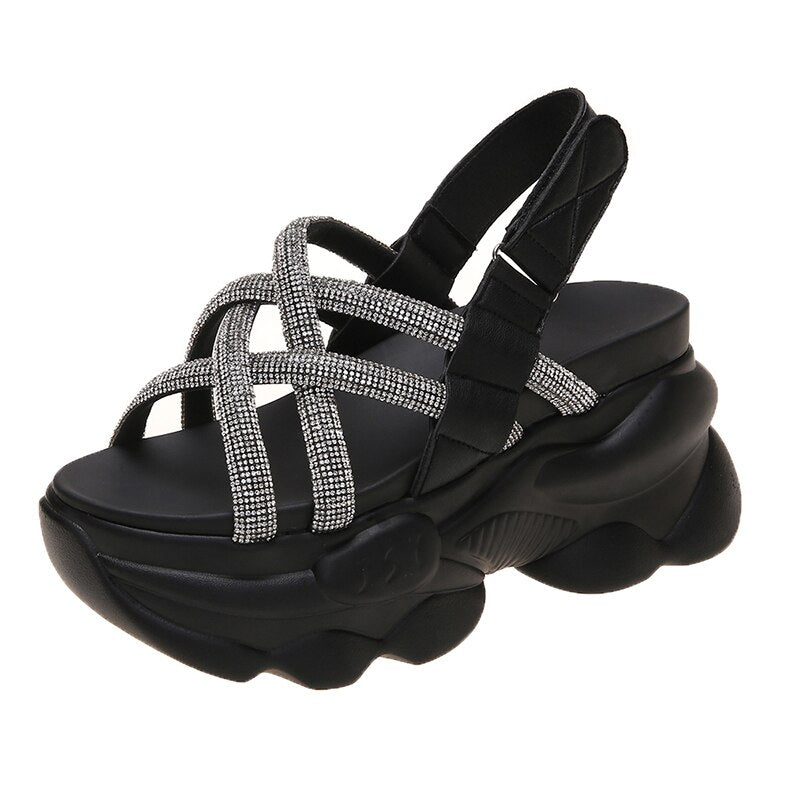 Shining Crystal High Platform Sandals Women Chunky Cross Strap Gladiator Comfortable Thick Sole Summer Shoes