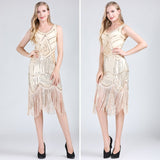 1920s Great Gatsby Flapper Dress V Neck Sleeveless Embellished Sequin Beaded Fringe Dress Vestidos